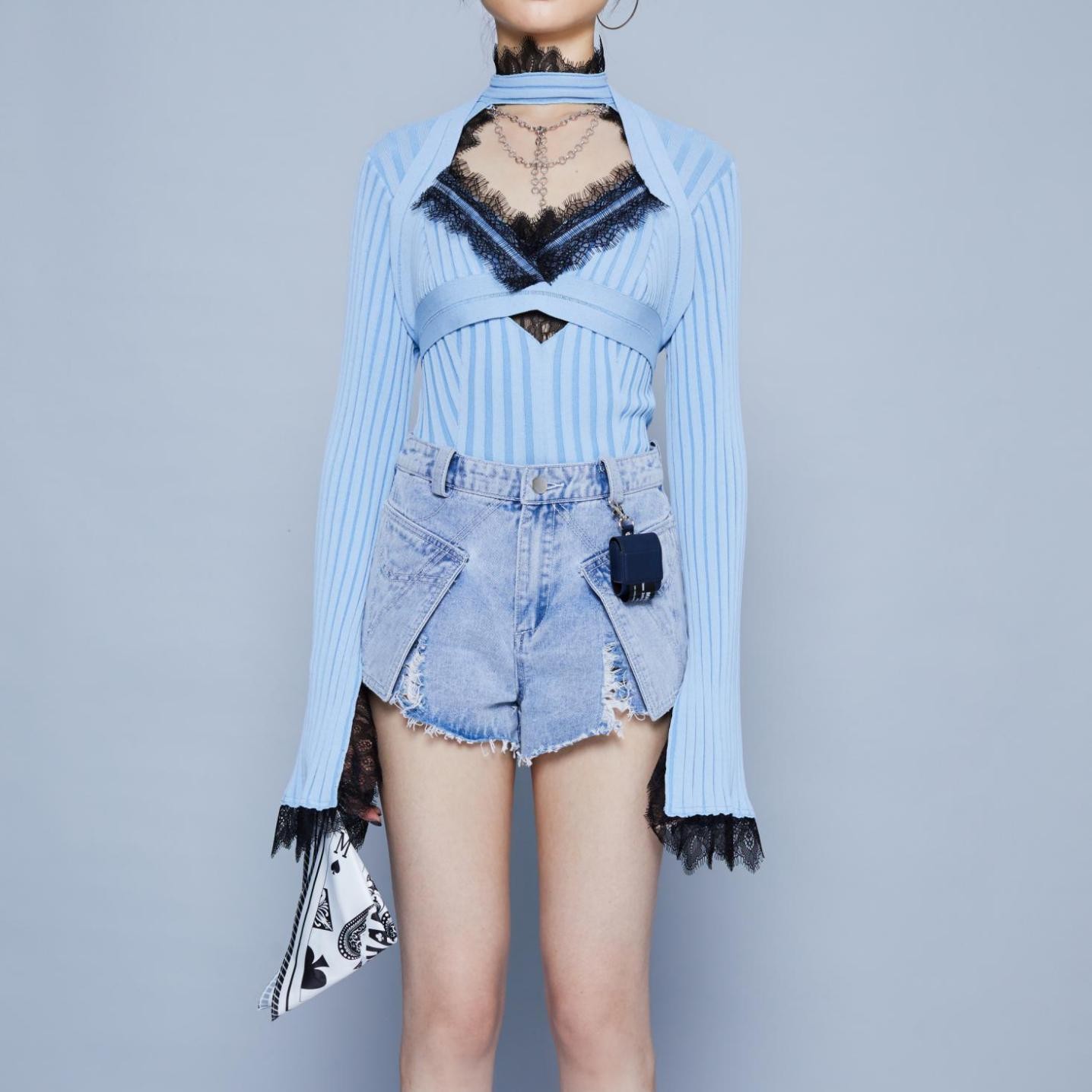 MASHAMAZ原创设计师2020春夏新款针织蕾丝花边长袖上衣女
