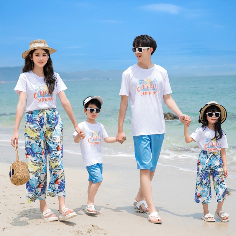 一家三口四口亲子装夏装沙滩海边度假三亚旅游洋气母子母女套装
