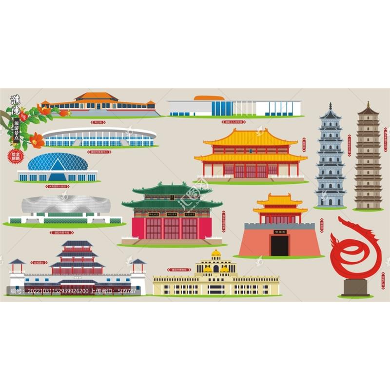 D295河南濮阳市AI矢量地标旅游建筑海报设计线稿城市剪影手绘插画
