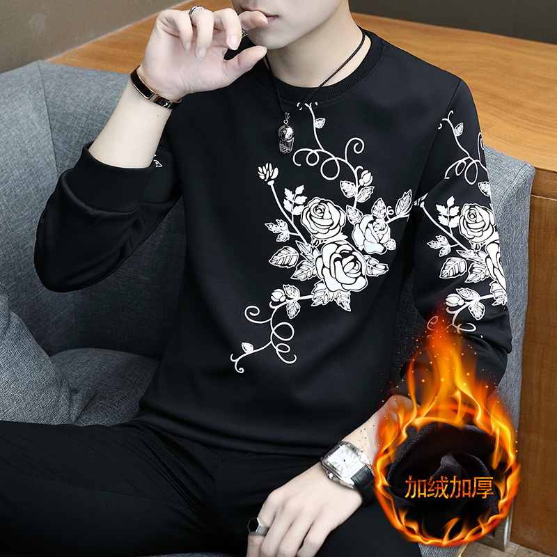 加绒长袖T恤男冬季保暖套头打底衫青少年韩版修身潮流印花卫衣圆