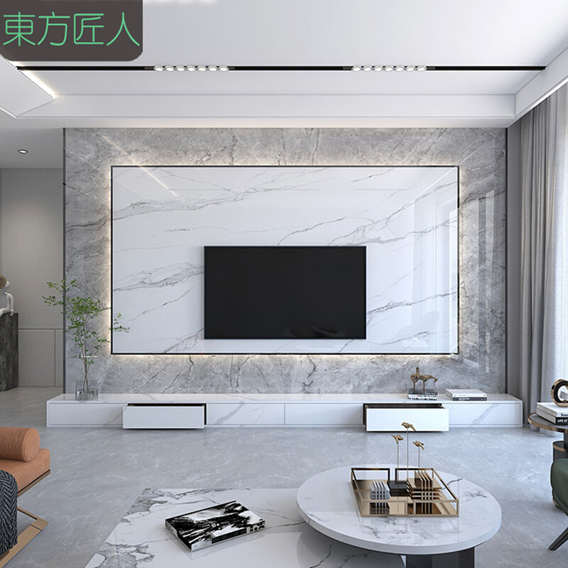 岩板悬空电视背景墙2021新款客厅轻奢大板连纹板材现代简约造型