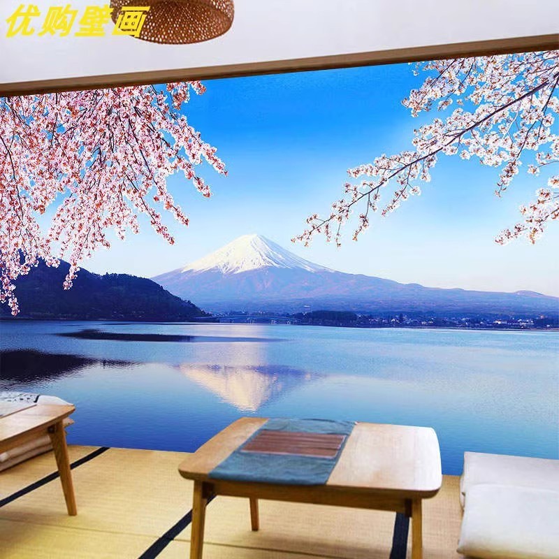 3d日式餐厅酒店富士山壁纸客厅卧室樱花墙纸剧本杀店日本街景壁画