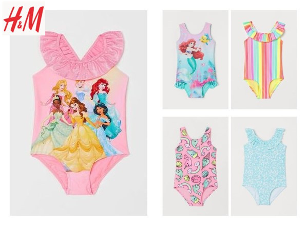H&M正品童装国内代购女童女孩泳装可爱动漫全衬里无袖连体泳衣