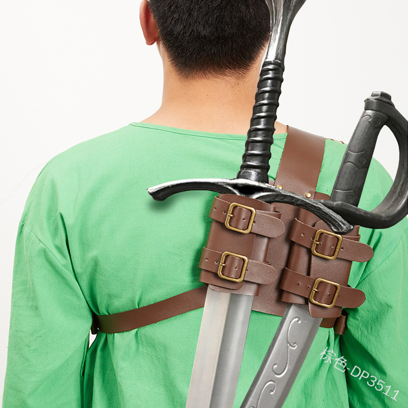 中世纪装扮复古道具cos剑套户外击剑双剑鞘绑带可调节PU皮质刀鞘