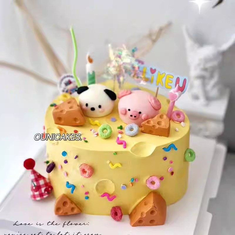 网红loopy小奶酪蛋糕装饰卡通动物小猪小狗头小熊蜡烛冰淇淋插件