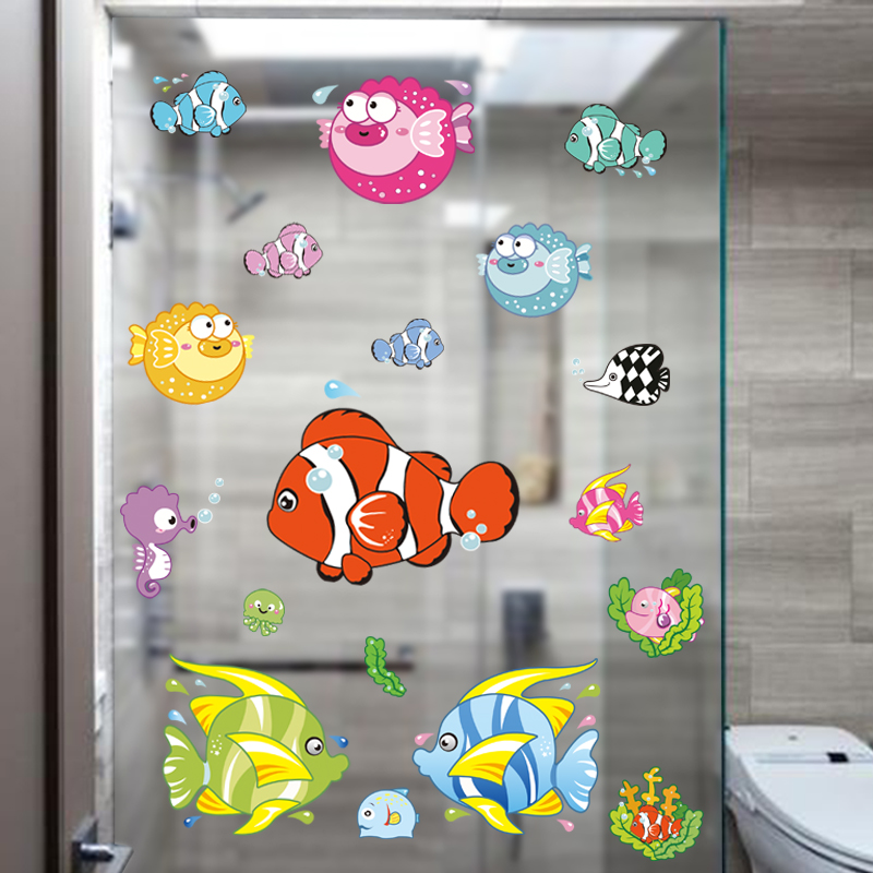 浴室玻璃静电贴画海底彩色小鱼防水无胶贴画洗澡间装饰卡通小贴纸