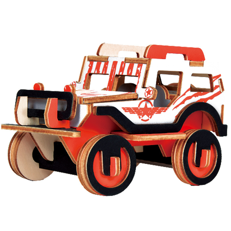 男孩子汽车木质拼装模型 儿童益智拼插3d立体拼图悍马吉普车玩具