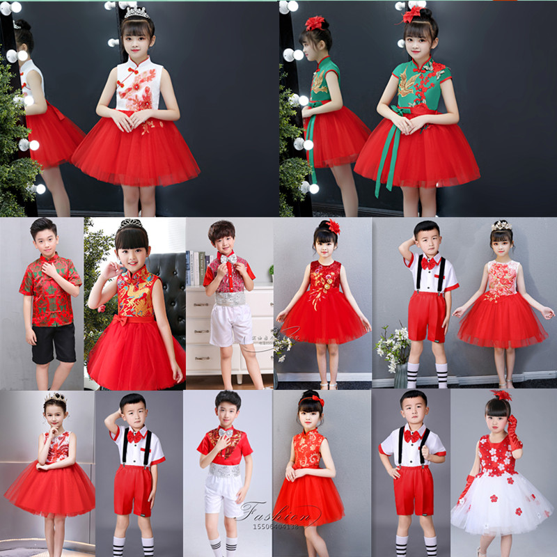 六一儿童演出服男女童红色蓬蓬纱裙幼儿园舞蹈合唱小班集体表演服