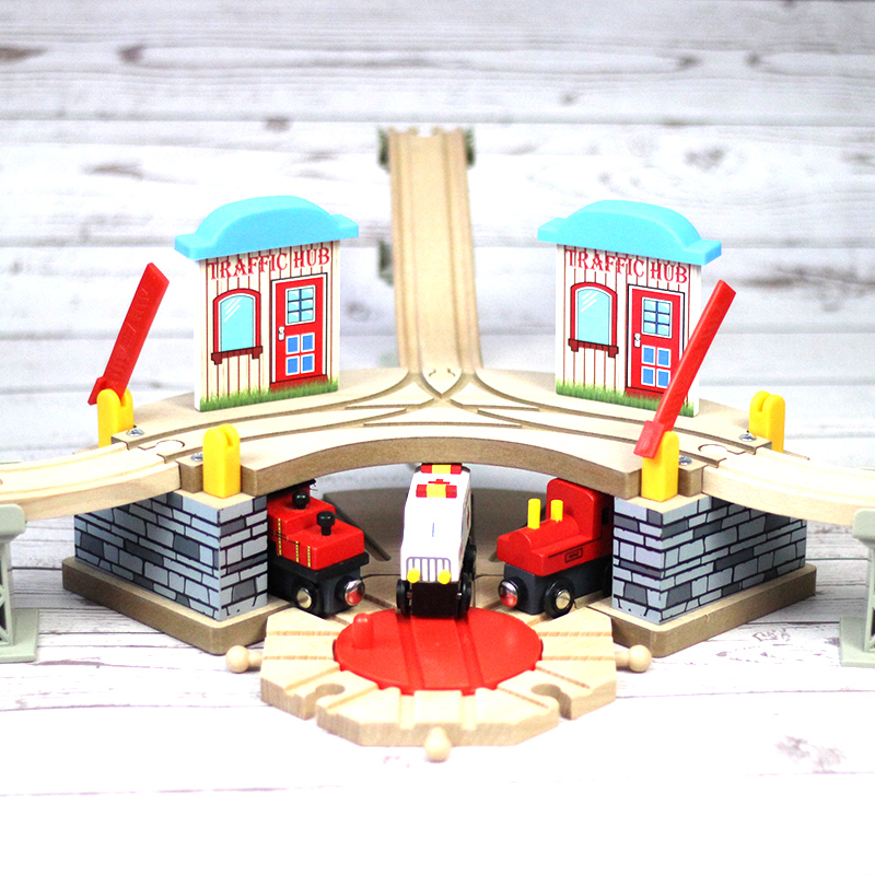 双层车站停车场木质机房火车轨道木制铁轨配件儿童益智拼接玩具3