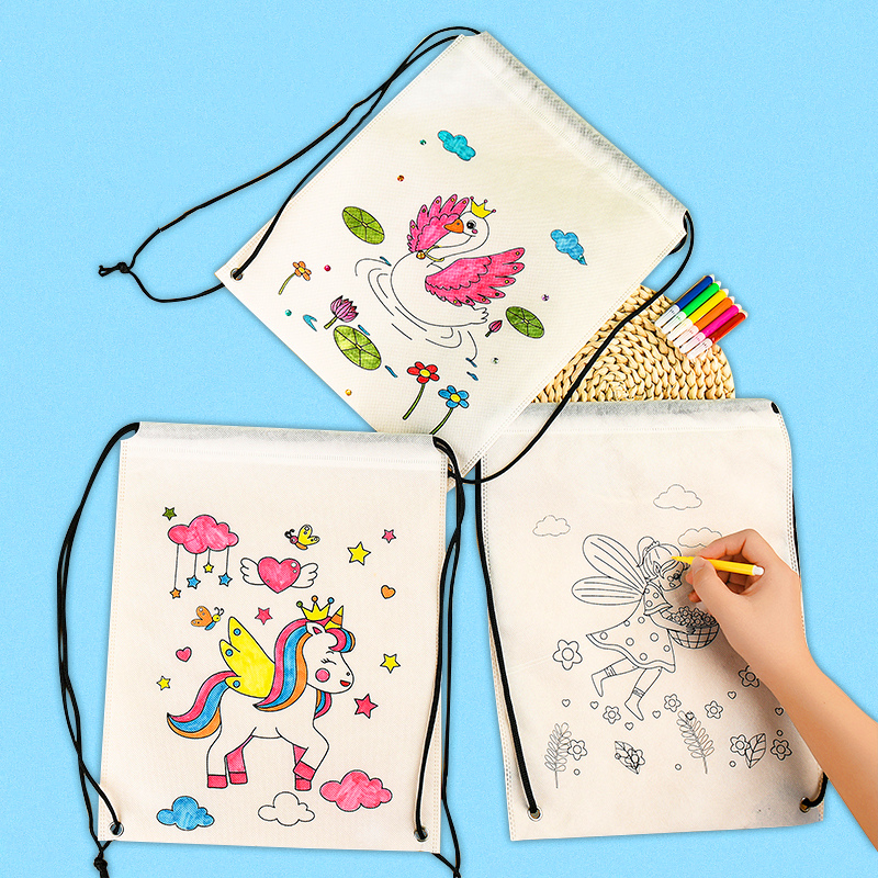 六一节儿童涂鸦环保袋背包手工diy材料包无纺布涂色手绘玩具礼物