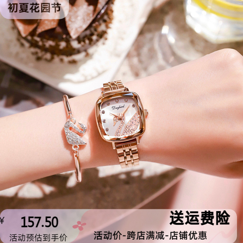 名牌小天鹅网红女士小方表钢带日本机芯防水手表源头厂家国产腕表