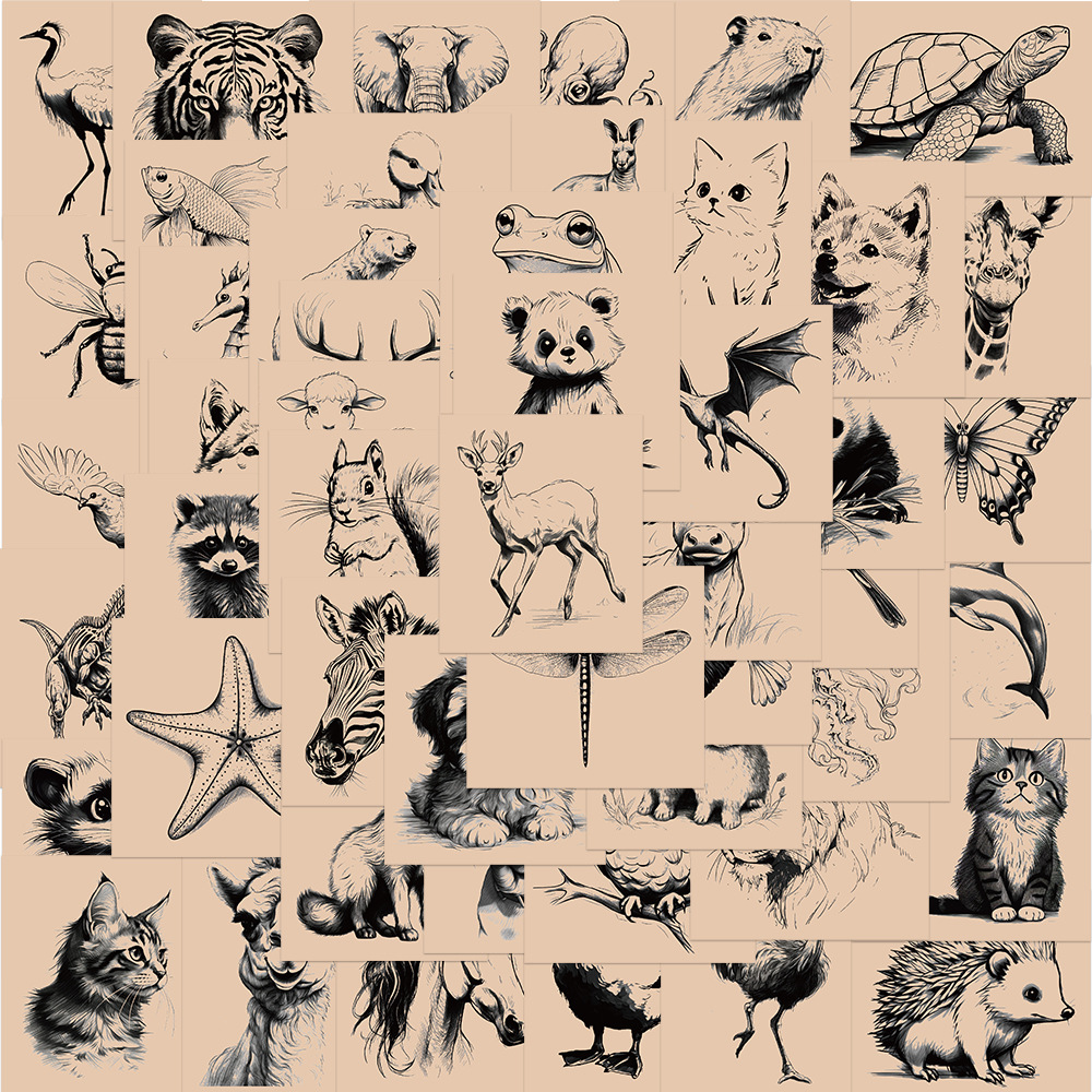 50张复古动物素描涂鸦贴纸手账个性装饰吉他笔记本行李箱DIY贴画