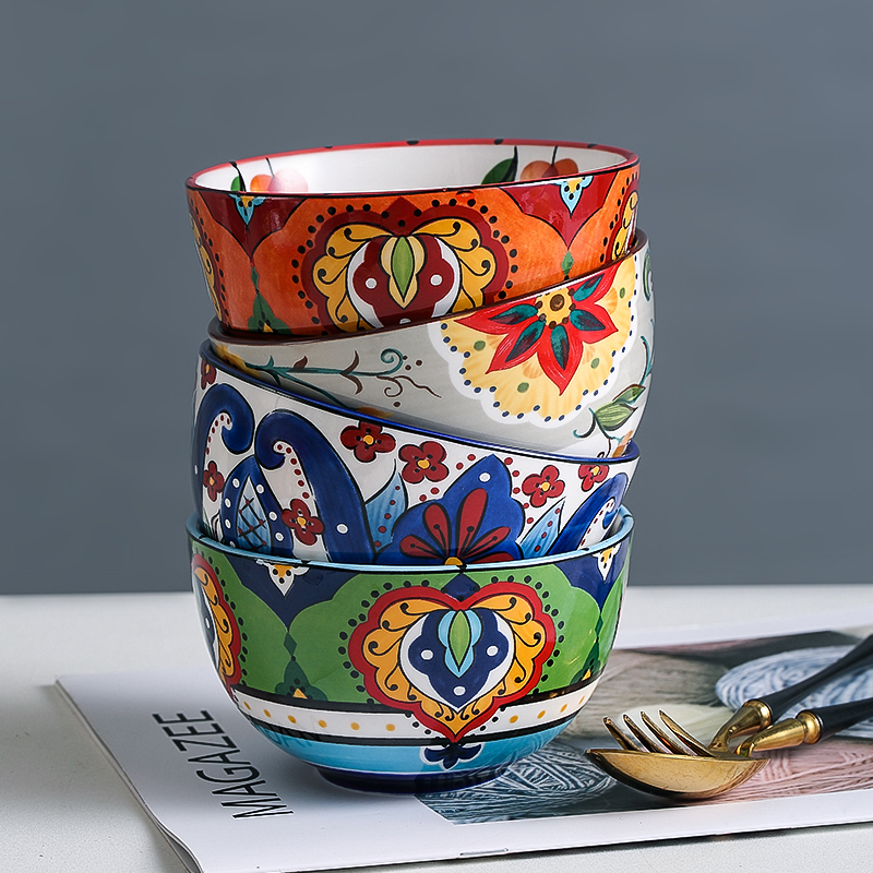 波西米亚陶瓷碗家用碗创意个性汤碗泡面碗手绘饭碗欧式水果沙拉碗
