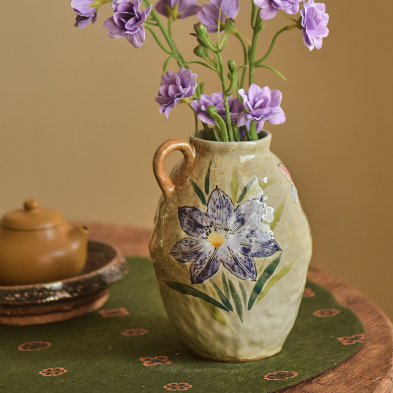 水培陶瓷花瓶摆件客厅插花日式复古插花器单耳手绘喜字向日葵陶罐