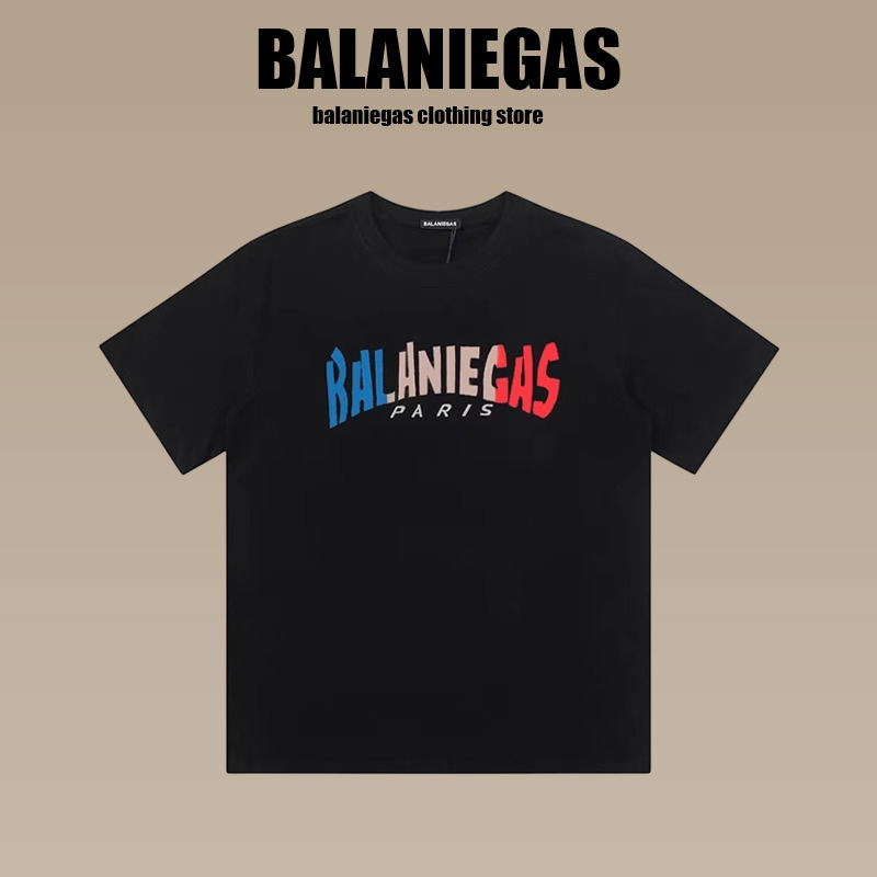 Balaniegas B家男女同款设计感logo印花涂鸦字母宽松纯棉短袖T恤