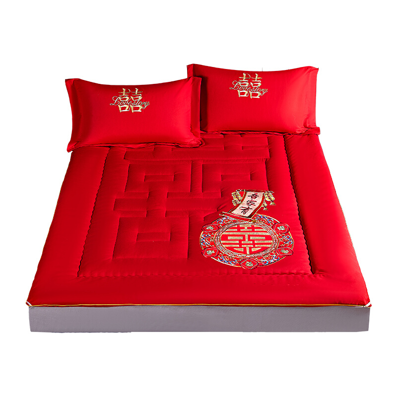 结婚大红色床褥子喜字绣花床垫软垫婚庆家用双人垫子1.8m垫被陪嫁