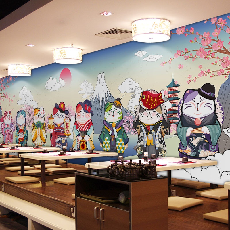 日式卡通招财猫墙纸浮世绘日本寿司料理店居酒屋壁纸日系装饰壁画