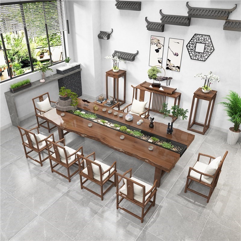 新中式茶室实木休闲桌养鱼茶台循环流水功夫茶桌椅组合办公室茶桌
