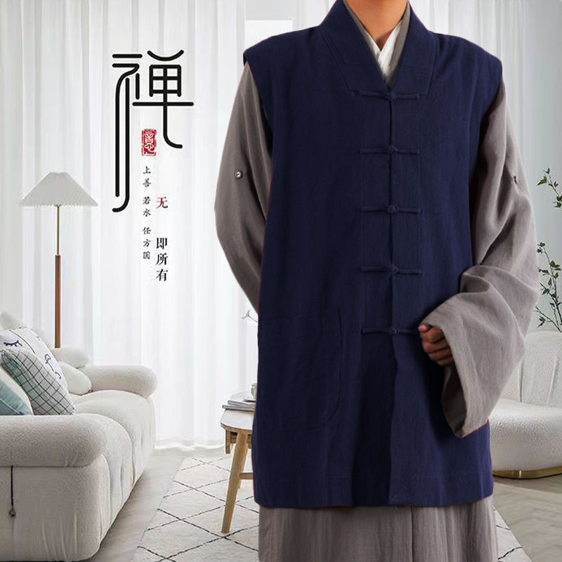 新款僧服长褂伽蓝褂和尚无袖马甲薄款四季出家人背心僧人透气棉麻