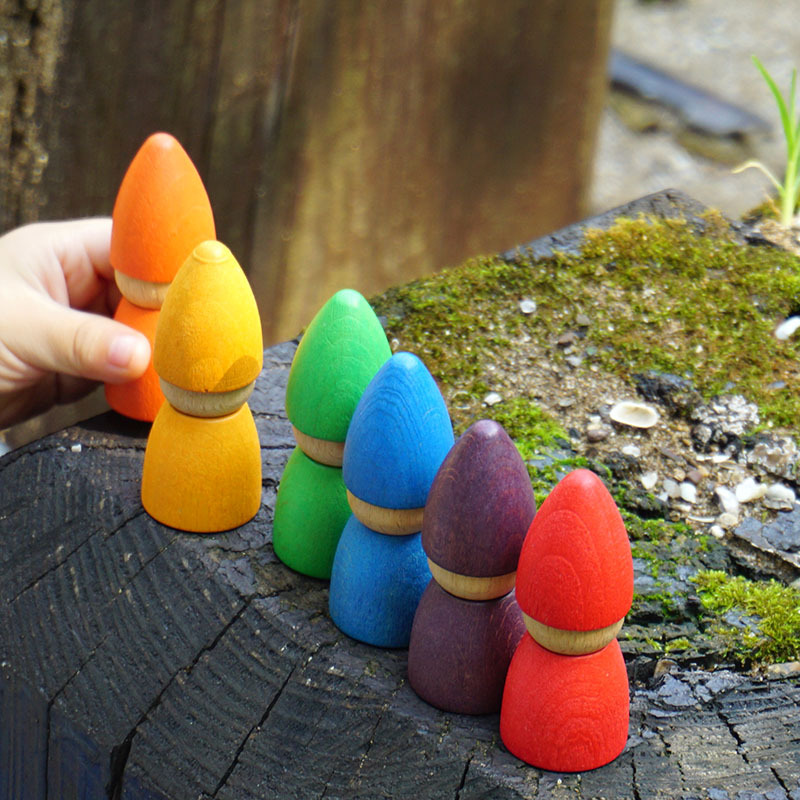实木榉木彩色人偶7cm木制玩具创意积木基础颜色积木彩虹色积木