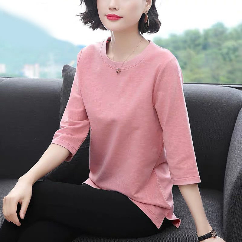 韩版新款七分袖t恤女大码女装春夏季中年妈妈装中袖打底衫上衣女