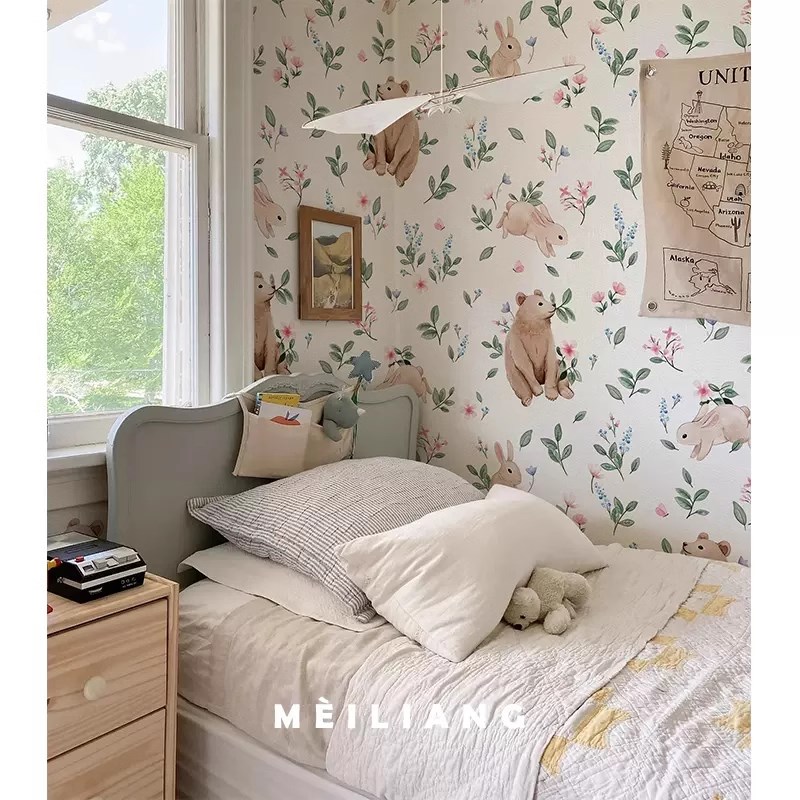 美式小熊兔子美式碎花儿童房壁纸复古风法式墙纸男孩女孩卧室墙布