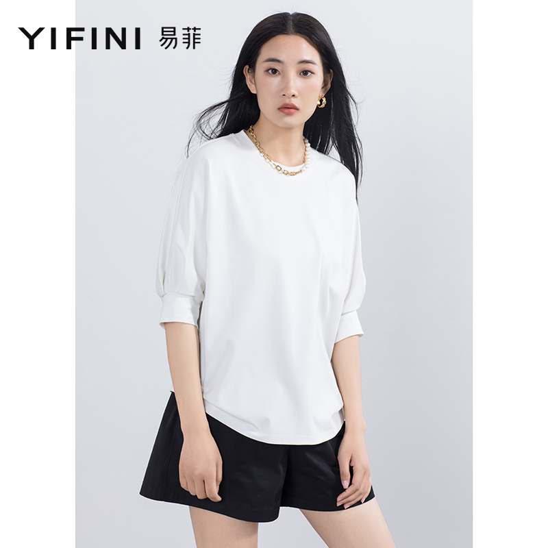 Yifini/易菲中袖宽松圆领黑色白色T恤女夏装新款百搭休闲上衣