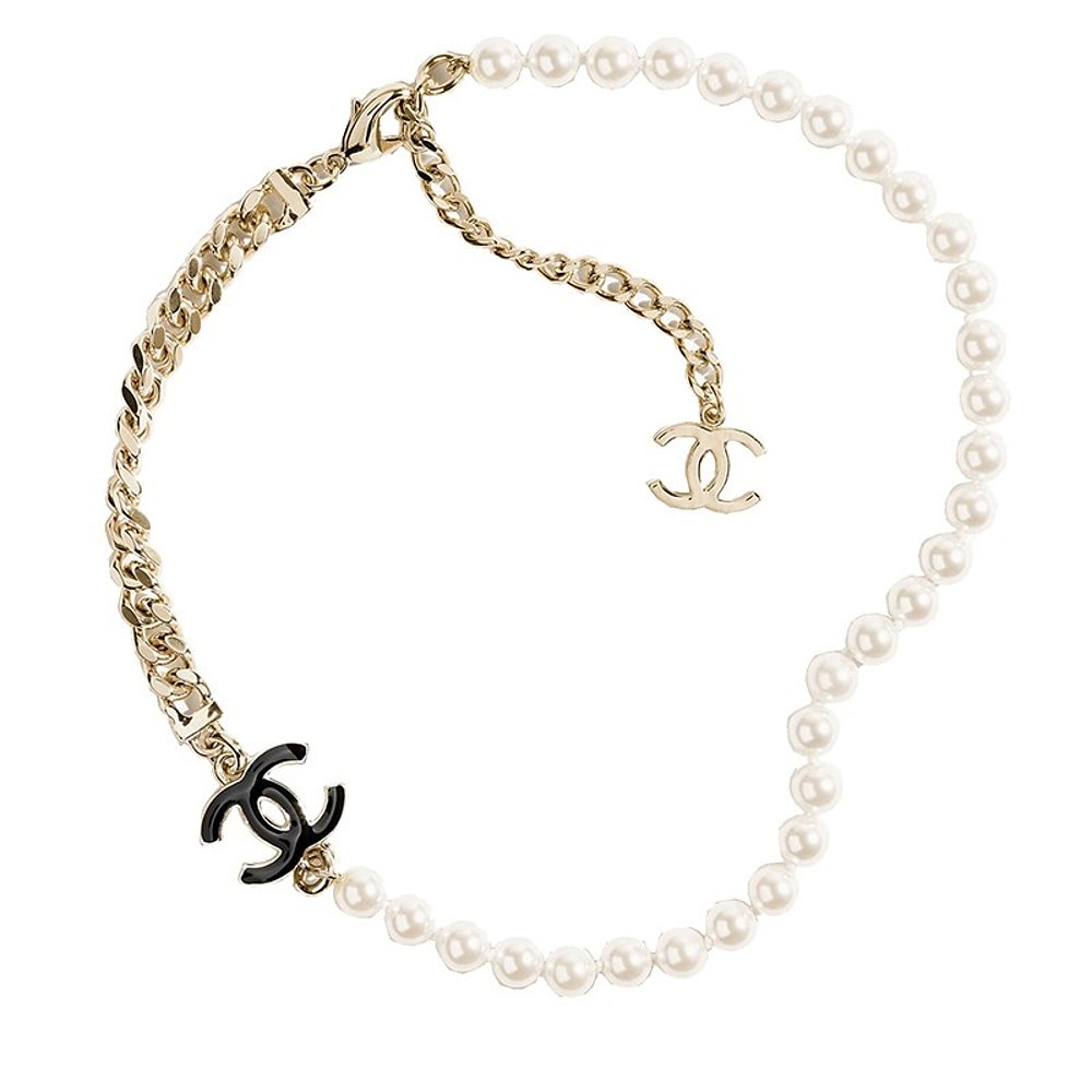 CHANEL/香奈儿24新款 女士金链与白珍珠串黑双C饰项链