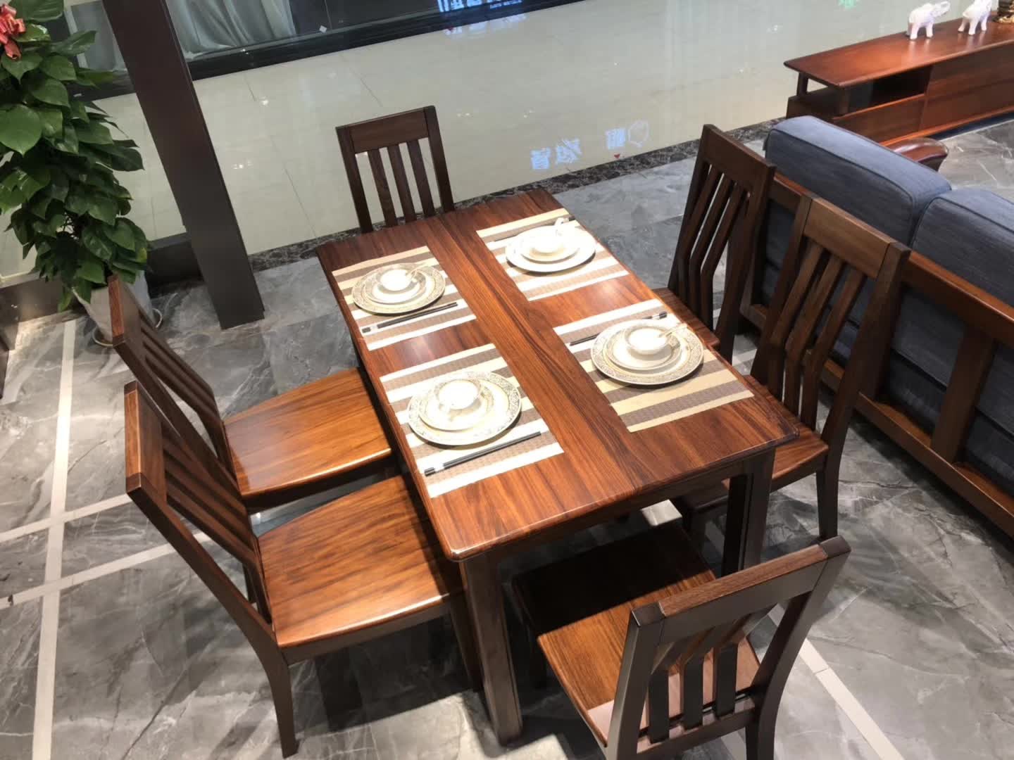 中至信家具全实木餐桌椅组合新中式乌金木餐桌小户型长方形饭桌椅