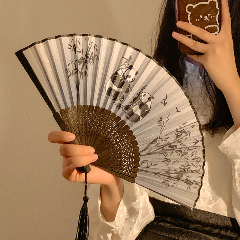 新中式古风熊猫折叠扇子中国风汉服旗袍马面裙舞蹈折扇女拍照道具