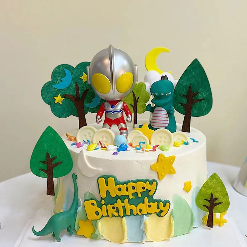 卡通恐龙蛋糕装饰大头超人钢铁飞龙打小怪兽摆件男孩生日烘焙装扮
