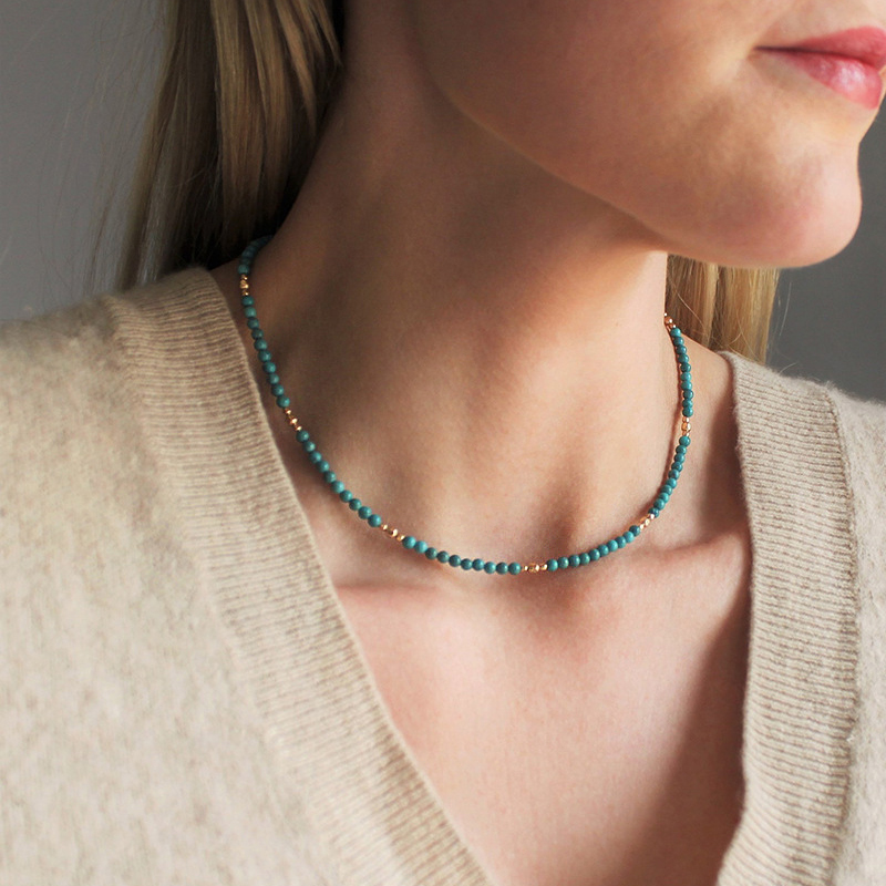 新款蓝绿松石项链锁骨链女欧美小众设计感复古简约个性高级感颈链
