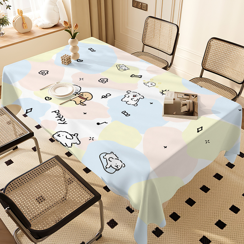 线条小狗防水防油免洗卡通风餐桌桌布长方形餐桌垫子家用茶几桌布