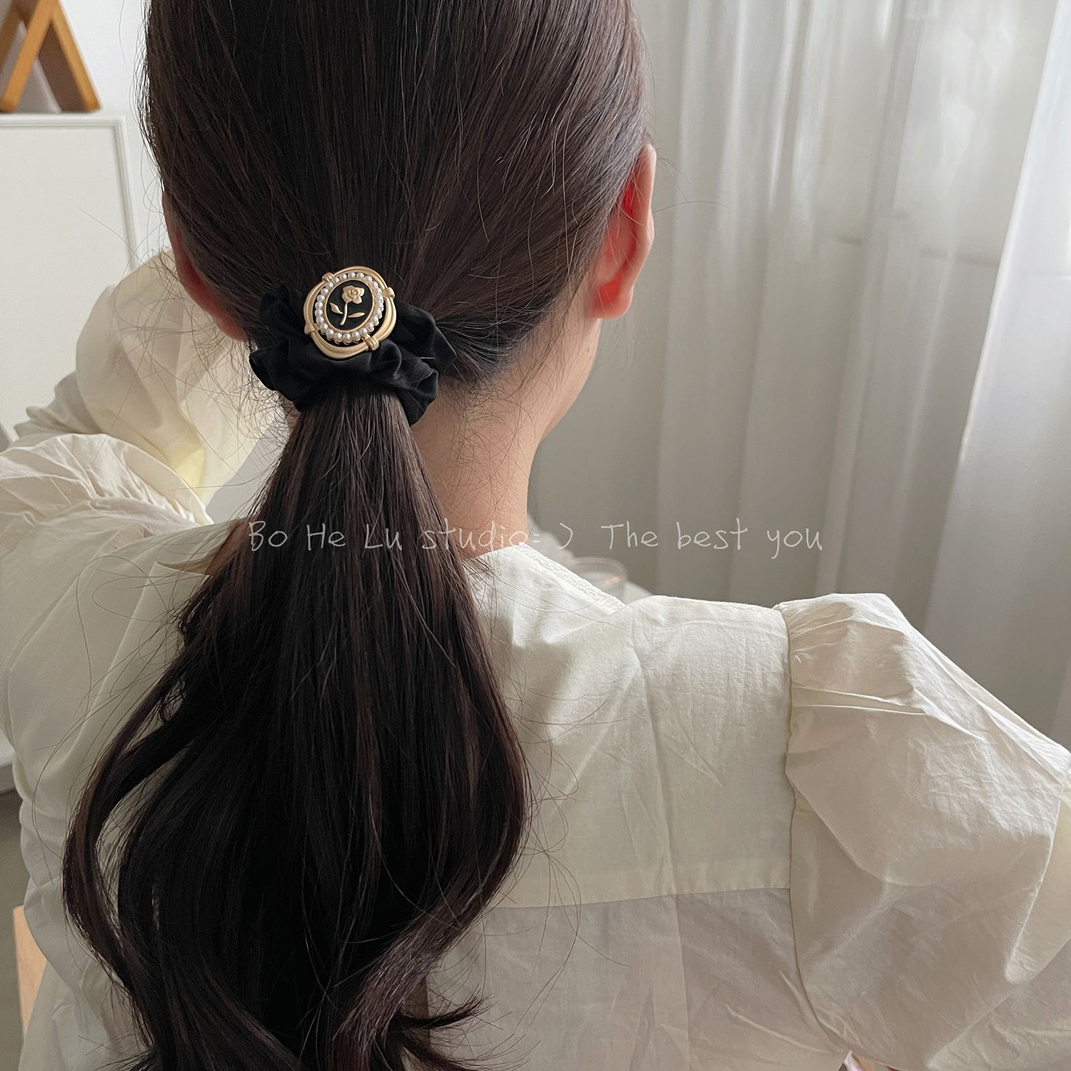 小众法式复古珍珠花朵缎面小肠发圈丸子头皮筋头绳扎头发韩国发饰