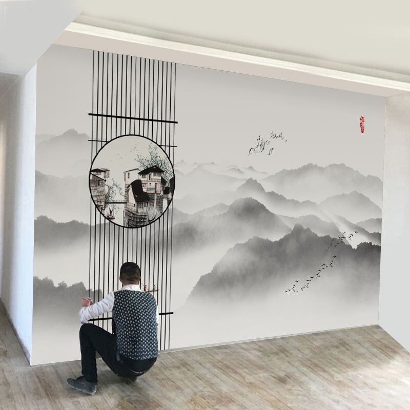 现代新中式壁画山水意境墙纸背景墙布江南风景客厅卧室书房2d壁纸