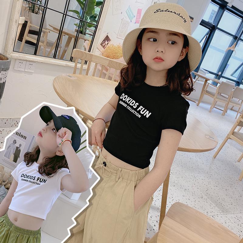 韩国女童字母印花短款上衣2024春夏季炸街中大童装时尚露肚脐T恤