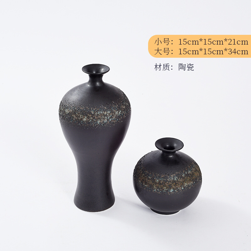 销新中式陶瓷大花瓶黑色净瓶样板房桌面花艺禅意泡泡釉梅瓶摆件品