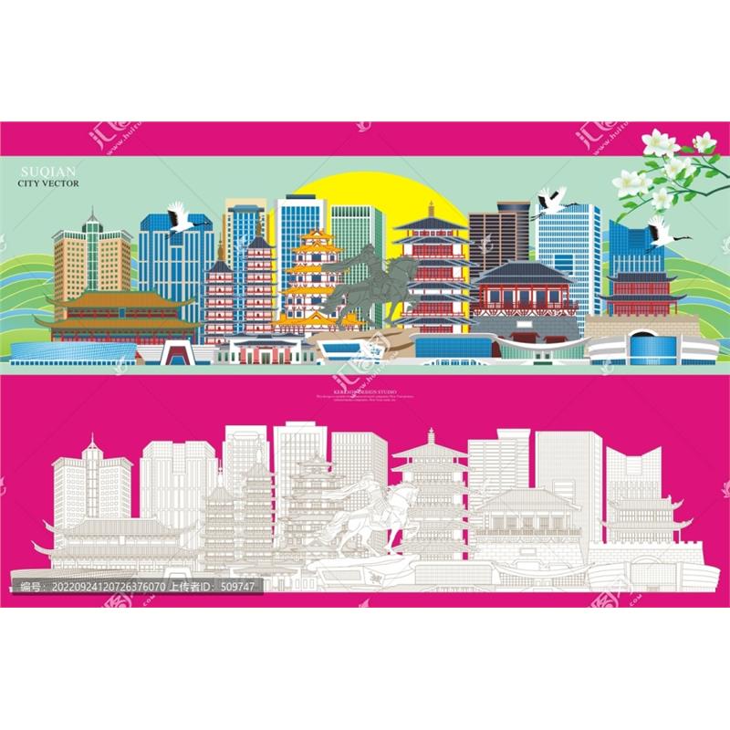 D318江苏宿迁市AI矢量地标旅游建筑海报设计线稿城市剪影手绘插画