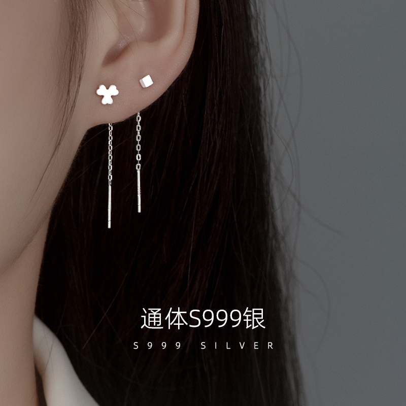 S999纯银耳线女2024年新款潮高级感轻奢流苏耳环短款足银耳链耳饰