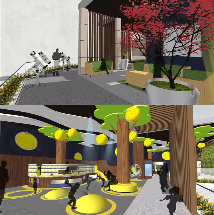 架空层社区一楼休闲娱乐活动区儿童游乐园景观空间设计su模型