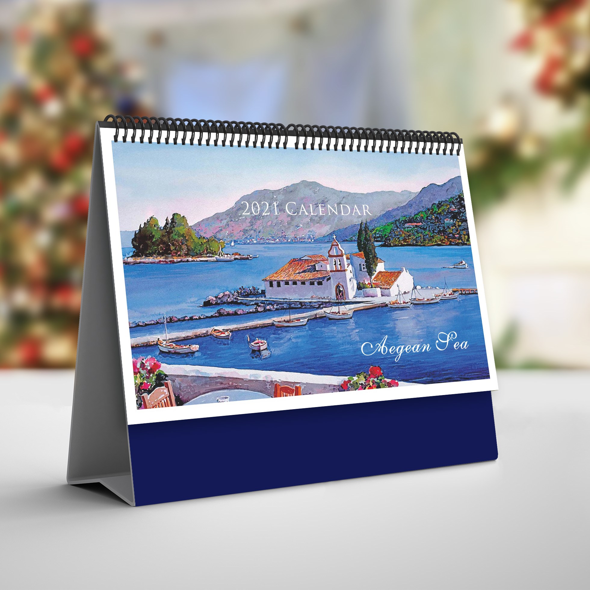2021年水彩爱琴海台历 手绘风格圣托里尼希腊地中海日历家居装饰
