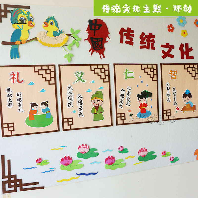中国风幼儿园主题墙面装饰环创忠礼仪仁智角域文化装饰立体贴板报