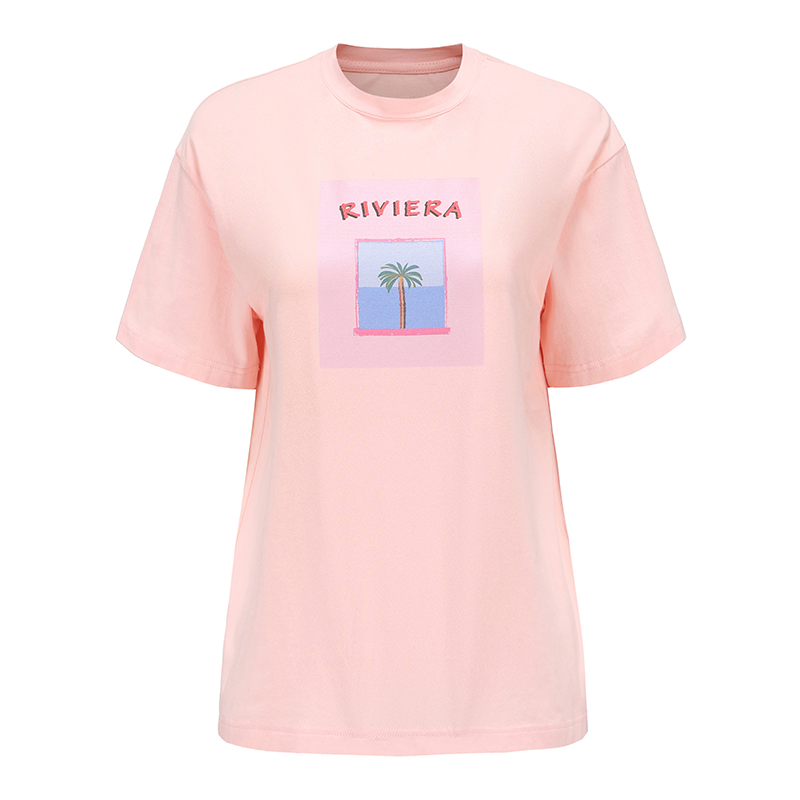 NI ATELIER 原创设计师品牌 法式浪漫橘粉色海滨度假图案印花T恤