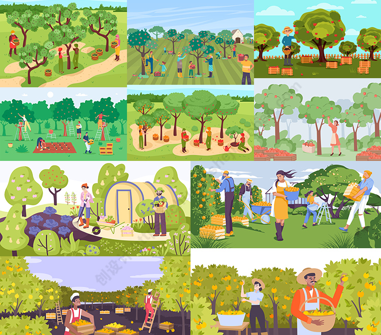 果园插画 扁平化卡通水果园农场采摘人物场景 AI格式矢量设计素材