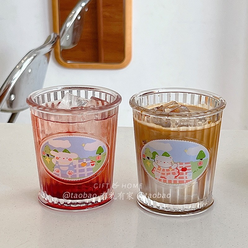 韩国ins插画冷萃咖啡杯竖纹玻璃杯子女生家用早餐牛奶果汁喝水杯
