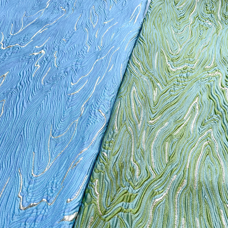 布艺岛 蓝色绿色流水纹立体肌理提花面料 双面油画旗袍长裙布料