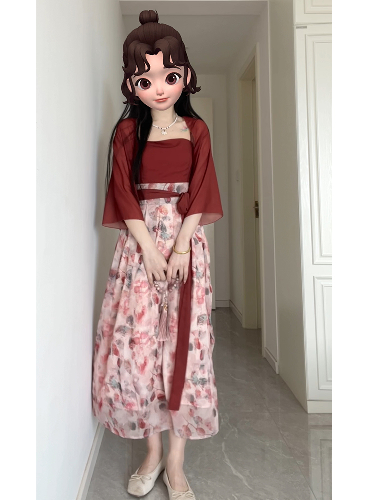 新中式国风改良宋制汉服汉元素红色抹胸连衣裙子女夏装搭配一整套