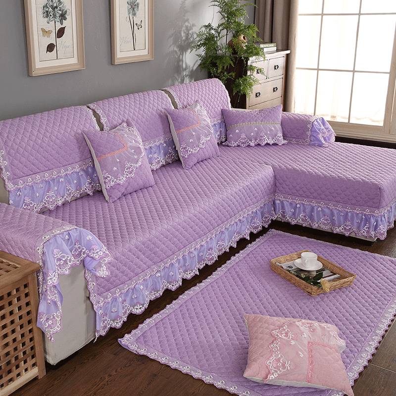 紫色沙发垫四季通用布艺防滑简约现代坐垫子夏季全包沙发套罩全盖