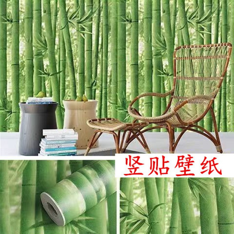 自粘pvc绿色柱子翠绿墙贴 茶楼森林中式餐厅过道玄关大自然壁纸