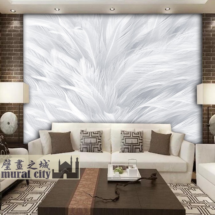 3D简约白色羽毛壁纸复古风格银色羽毛墙纸北欧现代风壁画背景墙